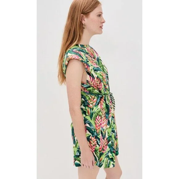 FARM Rio Heli Leaves Pearl T-Shirt Jersey Mini Dress Large Tropical casual - Picture 2 of 11